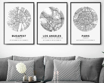 Personalized Set of Three Map Prints Custom Locations City Map Home Town Map Print Canvas with Frame First Anniversary Gift Digital Printed