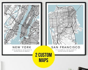 Personalized Set of 2 Any City Map Prints Custom Locations Home Town Print Canvas with Frame First Anniversary Gift Digital Printed