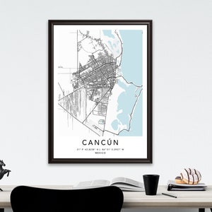 Cancún Map Print Leinwand Wandkunst Poster Mexiko Karte Prints mit Rahmen Weltkarte Kunstposter Stadtstraße Straßenkarte