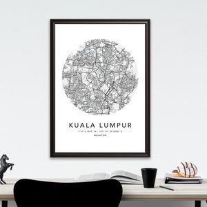 Kuala Lumpur Kartendruck Gerahmte Leinwand Wandkunst Poster Malaysia Karte Drucke mit Rahmen Weltkarte Kunstposter Stadtstraße Straßenkarte