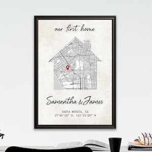 Erstes neues Zuhause Geschenk für Paar Hausförmige Karte Poster Individuelle Stadt Karte Kunstdruck Rahmen Leinwand personalisiertes Geschenk für Ihn Sie