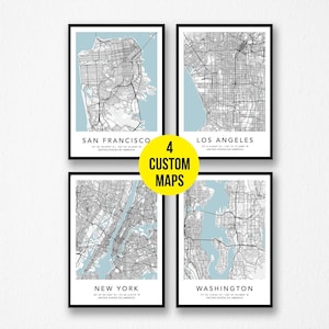 Conjunto de mapas personalizados com 4 impressões de mapas de qualquer cidade, locais personalizados, impressão da cidade natal, moldura de tela, presente de primeiro aniversário, impressão digital personalizada