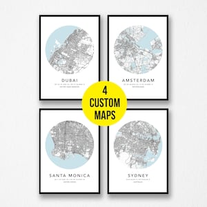 Ensemble personnalisé de 4 impressions de plan de ville, lieux personnalisés, impression de ville natale, toile avec cadre, cadeau de premier anniversaire, impression numérique