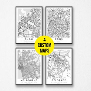 Gepersonaliseerde set van 4 stadsplattegronden worden afgedrukt Aangepaste locaties Woonplaats canvas of lijstposter gedrukt of digitaal Cadeau-ideeën eerste verjaardag