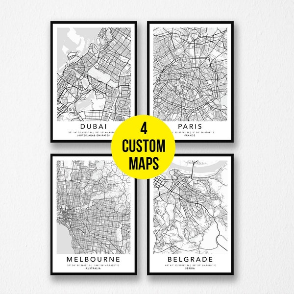 Personalized Set of 4 Any City Map Prints Custom Locations Home Town Canvas or Frame Poster Printed or Digital First Anniversary Gift Ideas