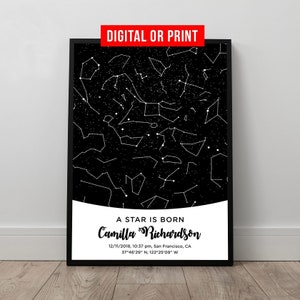 Jour de votre naissance Anniversaire Constellation d'étoiles Carte encadrée Cadeau personnalisé Personnalisé impression ciel nocturne sur toile Cadeau d'anniversaire Cadeau Saint Valentin