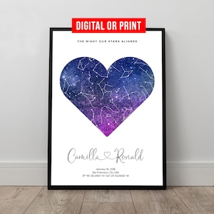 La nuit où nous nous sommes rencontrés, coeur et carte des étoiles, impression d'affiches personnalisées, cadre en toile ciel nocturne, anniversaire de mariage personnalisé, fiançailles, cadeau de la Saint-Valentin