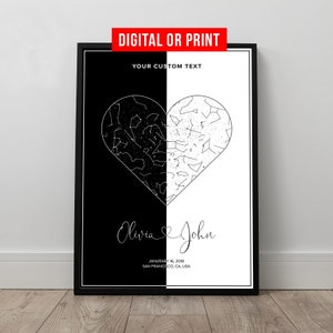 Personalisierte Herz Sterne Karte Druck Benutzerdefinierte Nachthimmel Druck Leinwand mit Rahmen Hochzeitstag Verlobung Valentinstag Geschenk für Ihn Sie