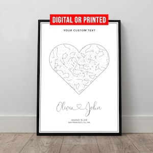 Personalisierte Herz Sterne Karte Druck Benutzerdefinierte Nachthimmel Druck Leinwand mit Rahmen Hochzeitstag Verlobung Valentinstag Geschenk für Ihn Sie