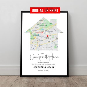 Primo regalo per la nuova casa per coppia, poster con mappa a forma di casa, stampa artistica personalizzata con mappa della città, cornice in tela, regalo personalizzato per San Valentino per lui e lei