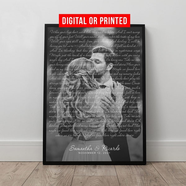 Letra de canción de boda con foto personalizada, canción favorita para el primer baile, impresión en lienzo, letrero personalizado para el primer aniversario, regalo enmarcado para el Día de la Madre