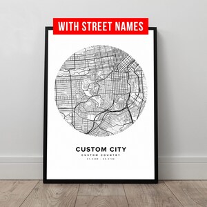 Cartaz de mapa de rua da cidade natal, arte impressa e moldura personalizada, tela para download digital, presente personalizado de dia dos namorados para ele e ela
