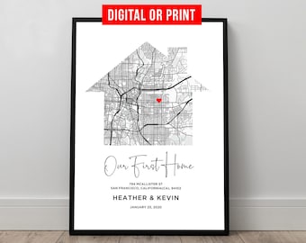 First New Home Gift for Couple House Shaped Map Poster Custom City Map Art Print Frame Canvas Personalized Anniversary Gift for Him Her