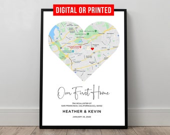 First New Home Gift for Couple Heart Shaped Map Poster Custom City Map Art Print Frame Canvas Personalized Valentines Day Gift for Him Her