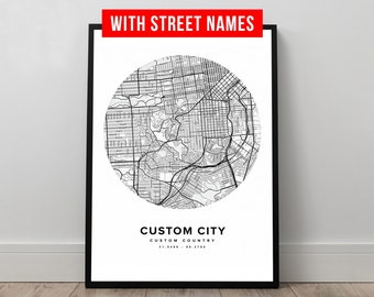 Hometown Street Map Poster Custom City Map Art Print and Frame Canvas Digital Download Personalized Valentines Day Gift for Him Her