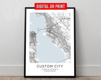 Hometown Street Map Poster Custom City Map Art Print and Frame Canvas Digital Download Personalized Valentines Day Gift for Him Her