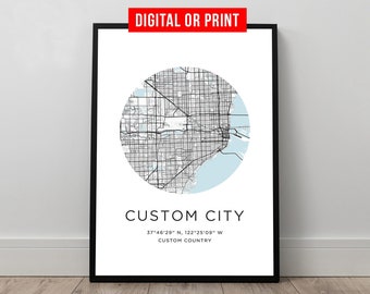 Póster con mapa de calles de tu ciudad natal. Impresión artística personalizada del mapa de la ciudad en lienzo con marco. Descarga digital. Regalo de Navidad personalizado para él o ella.
