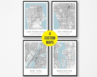 Custom Map Set of 4 Any City Map Prints Custom Locations Home Town Print Canvas Frame First Anniversary Gift Personalized Digital Printed