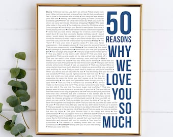 50 Reasons Why We Love You Poster Frame Personalized 50th Birthday Gift for Women Men Canvas Template 50 Things We Love About You Poster