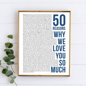 50 Gründe, warum wir dich lieben Posterrahmen Personalisierter 50.Geburtstag Geschenk für Frauen Männer Leinwandvorlage 50 Dinge, die wir an dir lieben Poster