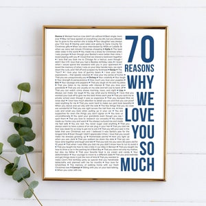 70 powodów, dla których Cię kochamy, plakat, spersonalizowany prezent na 70. urodziny dla kobiet i mężczyzn, szablon na płótnie, plakat 70 rzeczy, które kochamy w Tobie