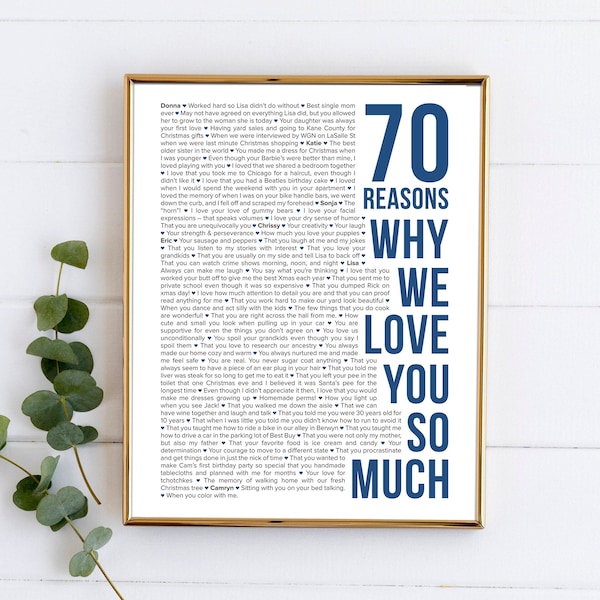 70 Reasons Why We Love You Poster Frame Personalized 70th Birthday Gift for Women Men Canvas Template 70 Things We Love About You Poster