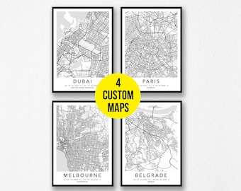 May include: Four black and white city maps in frames. The maps are of Dubai, Paris, Melbourne, and Belgrade. The text "4 CUSTOM MAPS" is in a yellow circle in the center of the image.