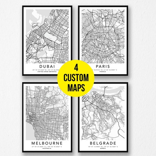 Personalized Set of 4 Any City Map Prints Custom Locations Etsy