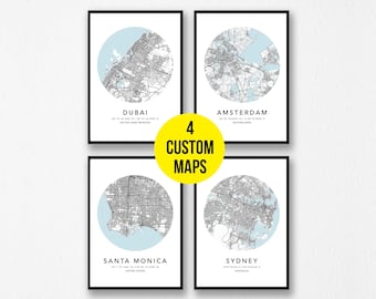 Personalized Set of 4 Any City Map Prints Custom Locations Home Town Print Canvas with Frame First Anniversary Gift Digital Printed