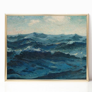 Pintura al óleo de paisaje marino vintage con olas del océano, paisaje costero azul melancólico, lienzo impreso, póster de casa de lago, decoración de casa de campo francesa enmarcada