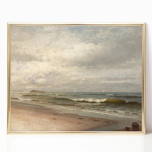 Cuadro de playa vintage, paisaje marino oceánico, paisaje costero antiguo melancólico, impresión en lienzo, póster de casa de lago, decoración de casa de campo francesa enmarcada