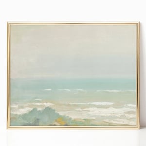 Pintura al óleo de paisaje marino vintage con olas del océano, paisaje costero en colores pastel suave, lienzo impreso, póster de casa de lago, decoración de casa de campo francesa enmarcada