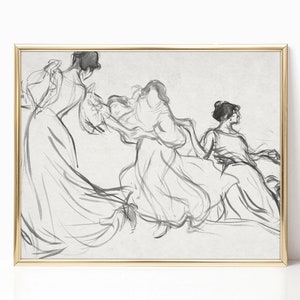 Vintage Viktorianische Frauen Skizze Linie Kunstdruck Abbildung Kunst Bleistift Zeichnung Weiblich Leinwand Poster Abstrakte Antike Minimalist Wandkunst gerahmt