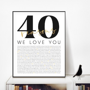 40 Reasons Why We Love You Poster Frame Personalized 40th Birthday Gift for Women Men Canvas Template Gifts for Women Custom Anniversary