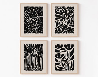 Floral Set of 4 Black Botanical Matisse Print Flower Market Posters Dark Boho Gallery Wall Art Room Decor Retro Neutral Canvas Poster Framed