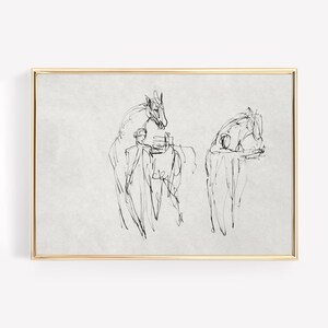 Vintage Pferd Skizze Print Linie Kunst Wandkunst Tier Bleistiftzeichnung Leinwand Poster gerahmt Abstrakt Antike Reiter Rustikal Bauernhaus Dekor