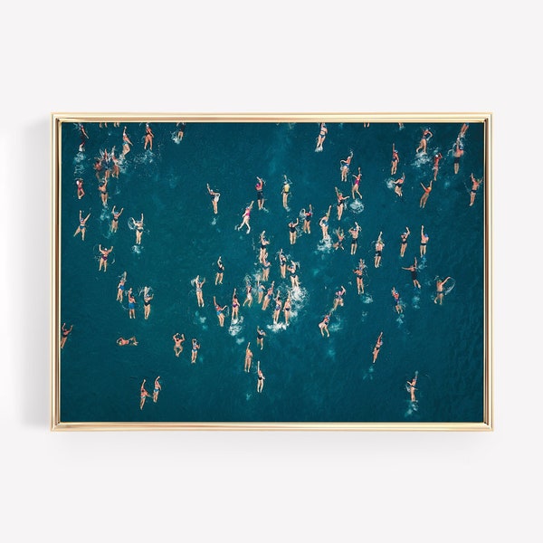 Aerial Ocean Swimmers Summer Retro Photography Print Coastal Painting Beach House Decor Seaside Surfing Neutral Wall Art Canvas Frame Poster