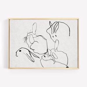 Kaninchen Linie Kunst Skizze Wandkunst Vintage Tierzeichnung Bleistift Leinwand Poster Eingerahmt Antiker Bauernhausästhetik Minimalistischer Druck