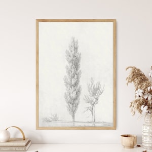 Vintage Baum Gedruckte Skizze Neutrale Bleistift-Graphitzeichnung Antike Landschaft Landschaft Radierung Beige Dekor Boho-Wand-Kunst-Leinwand gerahmtes Plakat