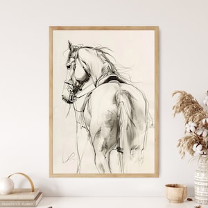 Vintage Pferd Skizze Print Linie Kunst Wandkunst Tier Bleistiftzeichnung Leinwand Poster gerahmt Abstrakt Antike Reiter Rustikal Bauernhaus Dekor