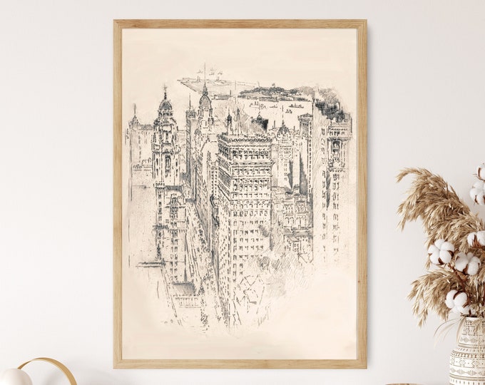 Vintage New York City Skyline Skyscraper Pencil Sketch Drawing Antique Line Art Architecture Decor Wall Art Canvas Framed Printed Poster