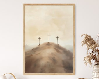 Three Crosses Minimal Modern Boho Christian Wall Art Poster Print Crucifixion Bible Scene Calvary Catholic Scripture Home Decor Frame Canvas