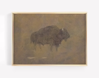 Vintage Bison Malarstwo Antyczne Zwierzę Bawołu Retro Wydruk Płótno Plakat Oprawiony Rustykalny Zachodni Domek Ścienny Sztuka Wiejski Domek Wystrój