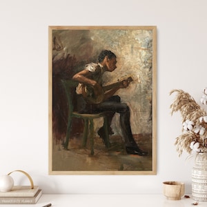 Vintage Man Playing Guitar Victorian Boy Portrait Canvas Print Antique Poster Framed Muted Moody Painting Academia Aesthetic Decor Fine Art