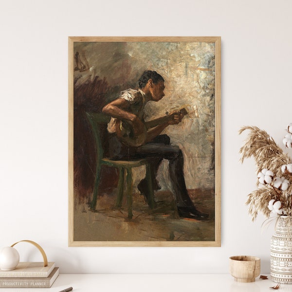 Vintage Man Playing Guitar Victorian Boy Portrait Canvas Print Antique Poster Framed Muted Moody Painting Academia Aesthetic Decor Fine Art