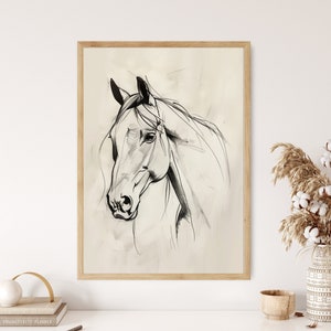 Vintage Pferd Skizze Print Linie Kunst Wandkunst Tier Bleistiftzeichnung Leinwand Poster gerahmt Abstrakt Antike Reiter Rustikal Bauernhaus Dekor