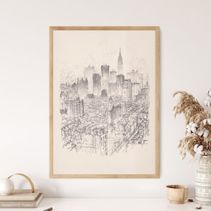 Dibujo a lápiz con grafito del horizonte de la ciudad de Nueva York, impresión vintage, arte lineal antiguo, arquitectura, decoración, arte de pared, lienzo, póster impreso enmarcado