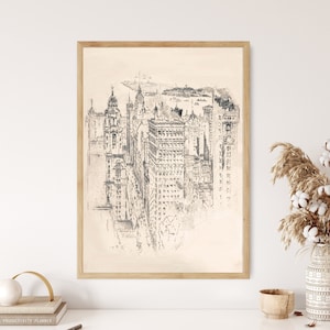 Vintage New York City Skyline Skyscraper Pencil Sketch Drawing Antique Line Art Architecture Decor Wall Art Canvas Framed Printed Poster