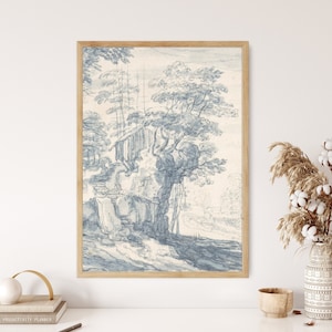Blue Willow Drawing Canvas Print Chinoiserie Landscape Poster Framed Painting Vintage Botanical Pastel Antique Living Room Wall Art Decor