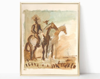 Vintage Cowboys Painting Print Horse Wall Art Canvas Hunting Southwest Sketch Drawing Poster Framed Antique Country Rustic Farmhouse Decor